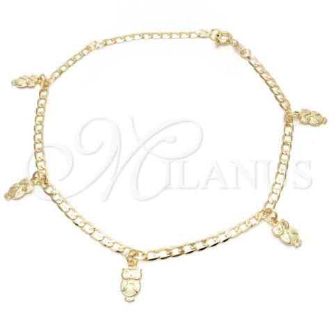 Oro Laminado Charm Anklet , Gold Filled Style Owl and Curb Design, Polished, Golden Finish, 03.58.0005.10