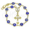 Oro Laminado Bracelet Rosary, Gold Filled Style Guadalupe and Evil Eye Design, Blue Resin Finish, Golden Finish, 09.63.0107.3.08