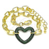 Oro Laminado Fancy Bracelet, Gold Filled Style Paperclip and Heart Design, with Green Micro Pave, Polished, Black Rhodium Finish, 03.341.0054.4.07