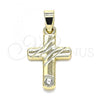 Oro Laminado Religious Pendant, Gold Filled Style Cross Design, with White Crystal, Polished, Golden Finish, 05.213.0079