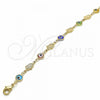 Oro Laminado Fancy Anklet, Gold Filled Style Evil Eye and Hand of God Design, Multicolor Resin Finish, Golden Finish, 03.326.0007.2.10