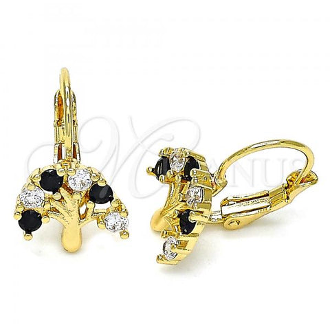 Oro Laminado Leverback Earring, Gold Filled Style Tree Design, with Black and White Cubic Zirconia, Polished, Golden Finish, 02.210.0383.2
