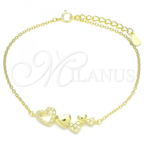 Sterling Silver Fancy Bracelet, Heart Design, with White Micro Pave, Polished, Golden Finish, 03.336.0057.2.08