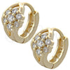 Oro Laminado Huggie Hoop, Gold Filled Style Flower Design, with White Cubic Zirconia, Polished, Golden Finish, 02.97.0093