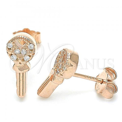 Sterling Silver Stud Earring, key and Heart Design, with White Cubic Zirconia, Polished, Rose Gold Finish, 02.336.0175.1