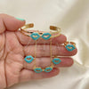 Oro Laminado Earring and Pendant Children Set, Gold Filled Style Lips and Rolo Design, Turquoise Enamel Finish, Golden Finish, 06.65.0101.2