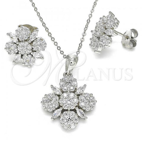 Sterling Silver Earring and Pendant Adult Set, Flower Design, with White Cubic Zirconia, Polished, Rhodium Finish, 10.286.0042