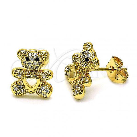 Oro Laminado Stud Earring, Gold Filled Style Teddy Bear Design, with White and Black Micro Pave, Polished, Golden Finish, 02.342.0197