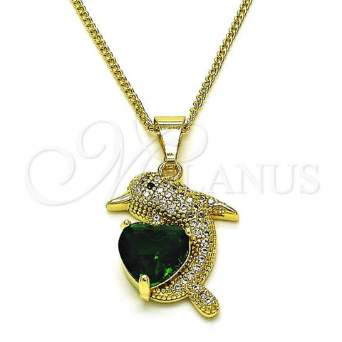 Oro Laminado Pendant Necklace, Gold Filled Style Dolphin and Heart Design, with Green Cubic Zirconia and White Micro Pave, Polished, Golden Finish, 04.284.0060.2.18