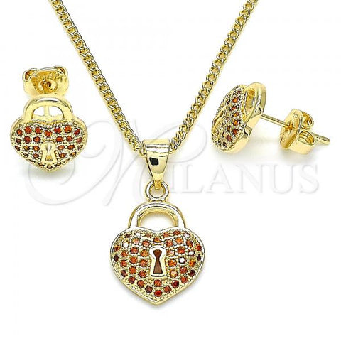 Oro Laminado Earring and Pendant Adult Set, Gold Filled Style Lock and Heart Design, with Garnet Micro Pave, Polished, Golden Finish, 10.156.0246.2