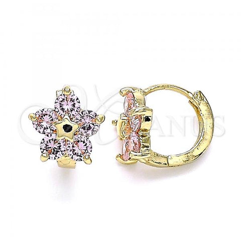 Oro Laminado Huggie Hoop, Gold Filled Style Flower and Star Design, with Pink Cubic Zirconia, Polished, Golden Finish, 02.210.0611.3.12