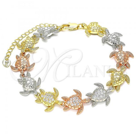 Oro Laminado Fancy Bracelet, Gold Filled Style Turtle Design, with White Micro Pave, Polished, Tricolor, 03.380.0017.07