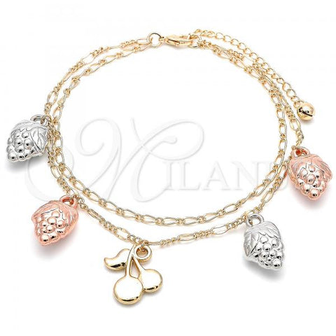 Oro Laminado Charm Anklet , Gold Filled Style Cherry and Strawberry Design, Polished, Tricolor, 03.331.0061.10