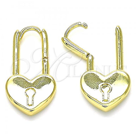 Oro Laminado Huggie Hoop, Gold Filled Style Lock and Heart Design, Polished, Golden Finish, 02.362.0001.10