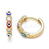 Oro Laminado Huggie Hoop, Gold Filled Style Evil Eye Design, with White Cubic Zirconia, Multicolor Enamel Finish, Golden Finish, 02.213.0194.15