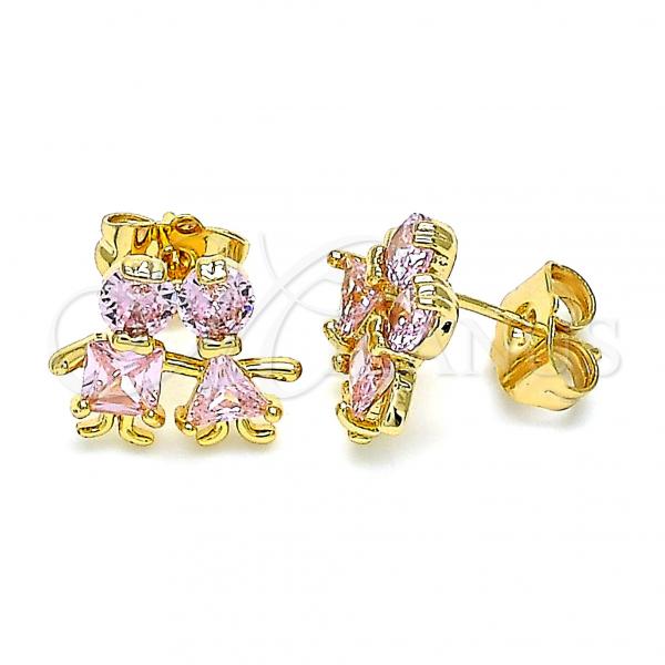 Oro Laminado Stud Earring, Gold Filled Style Little Boy and Little Girl Design, with Pink Cubic Zirconia, Polished, Golden Finish, 02.387.0021.2