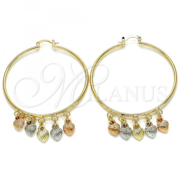 Oro Laminado Large Hoop, Gold Filled Style Heart Design, Polished, Tricolor, 02.63.2665.55