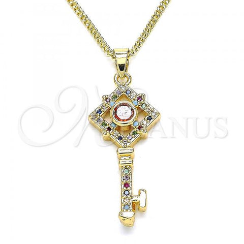 Oro Laminado Pendant Necklace, Gold Filled Style key Design, with Multicolor Micro Pave, Polished, Golden Finish, 04.344.0011.2.20
