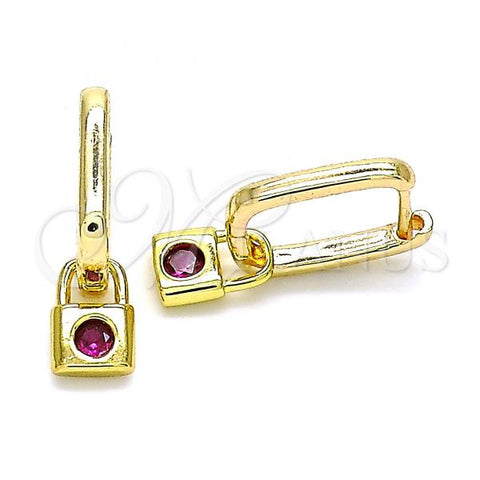 Oro Laminado Huggie Hoop, Gold Filled Style Lock Design, with Ruby Cubic Zirconia, Polished, Golden Finish, 02.368.0031.10