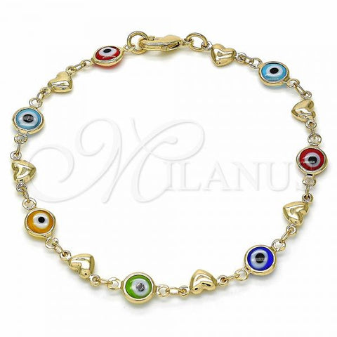Oro Laminado Fancy Bracelet, Gold Filled Style Evil Eye and Heart Design, Multicolor Resin Finish, Golden Finish, 03.326.0008.08