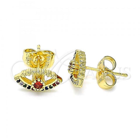 Oro Laminado Stud Earring, Gold Filled Style Evil Eye Design, with Garnet Cubic Zirconia and Multicolor Micro Pave, Polished, Golden Finish, 02.156.0597