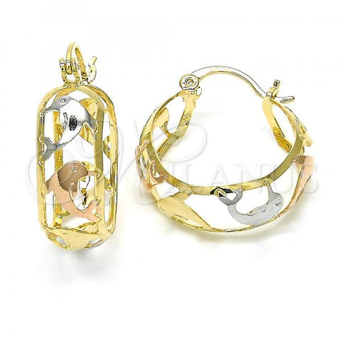 Oro Laminado Small Hoop, Gold Filled Style Dolphin Design, Polished, Tricolor, 02.106.0034.1.20