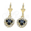 Oro Laminado Dangle Earring, Gold Filled Style Heart Design, with Dark Amethyst and White Crystal, Polished, Golden Finish, 02.122.0114.7