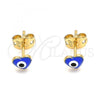 Oro Laminado Stud Earring, Gold Filled Style Evil Eye and Heart Design, Blue Enamel Finish, Golden Finish, 02.213.0187.2 *PROMO*