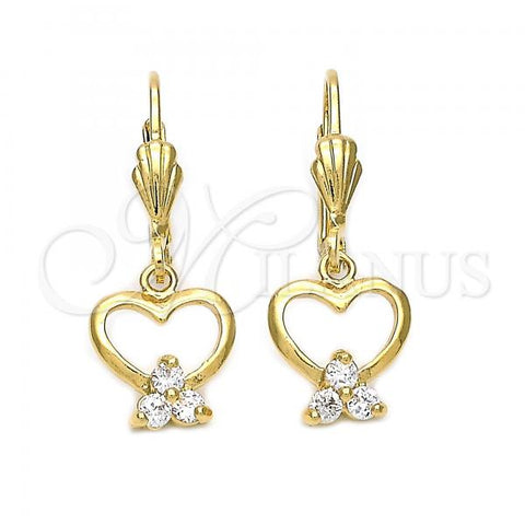 Oro Laminado Dangle Earring, Gold Filled Style Heart and Flower Design, with White Cubic Zirconia, Polished, Golden Finish, 5.070.006