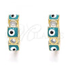 Oro Laminado Huggie Hoop, Gold Filled Style Evil Eye Design, with White Cubic Zirconia, Green Enamel Finish, Golden Finish, 02.213.0192.2.15
