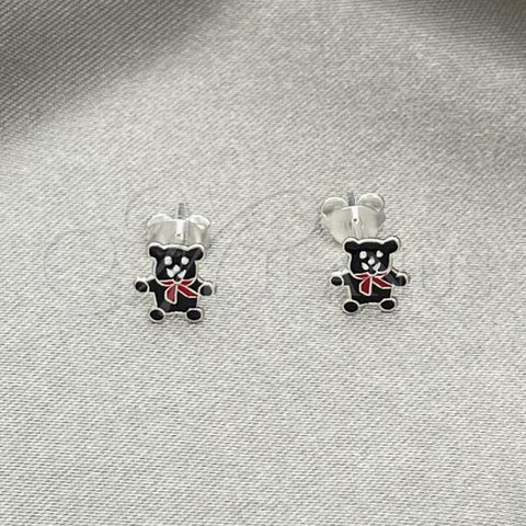 Sterling Silver Stud Earring, Teddy Bear Design, Black Enamel Finish, Silver Finish, 02.406.0004.03