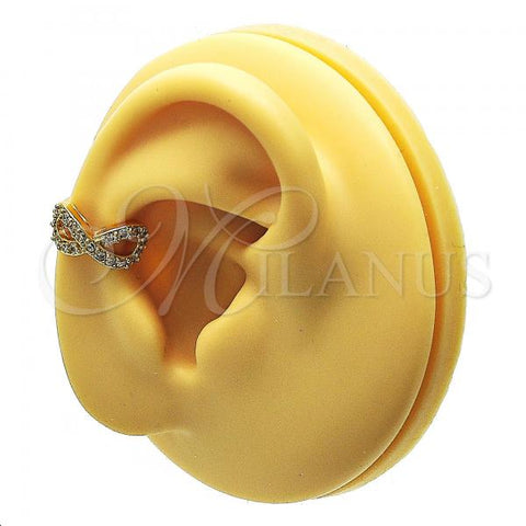Oro Laminado Earcuff Earring, Gold Filled Style Infinite Design, with White Micro Pave, Polished, Golden Finish, 02.210.0678