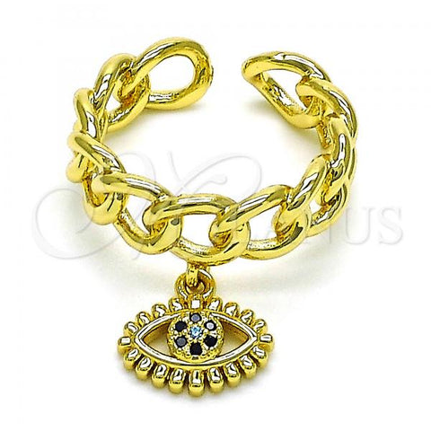 Oro Laminado Multi Stone Ring, Gold Filled Style Evil Eye and Curb Design, with Black and Blue Topaz Micro Pave, Polished, Golden Finish, 01.341.0086