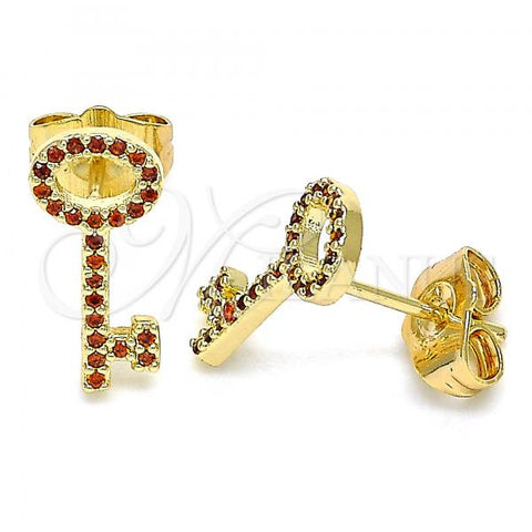 Oro Laminado Stud Earring, Gold Filled Style key Design, with Garnet Micro Pave, Polished, Golden Finish, 02.344.0066.1
