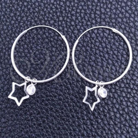 Sterling Silver Small Hoop, Star Design, with White Cubic Zirconia, Polished, Silver Finish, 02.402.0032.15