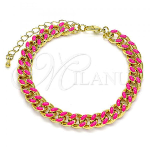 Oro Laminado Basic Bracelet, Gold Filled Style Miami Cuban Design, Dark Pink Enamel Finish, Golden Finish, 03.341.0075.6.07