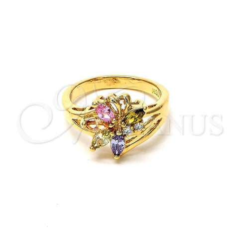 Oro Laminado Multi Stone Ring, Gold Filled Style Flower Design, with Multicolor and White Cubic Zirconia, Polished, Golden Finish, 5.172.017.09 (Size 9)