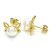 Oro Laminado Stud Earring, Gold Filled Style Butterfly and Ball Design, with Ivory Pearl, Polished, Golden Finish, 02.342.0053
