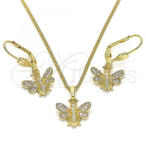 Oro Laminado Earring and Pendant Adult Set, Gold Filled Style Bee Design, with White Micro Pave, Polished, Golden Finish, 10.210.0149