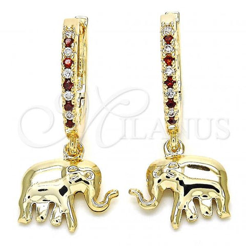 Oro Laminado Huggie Hoop, Gold Filled Style Elephant Design, with Garnet Cubic Zirconia and White Crystal, Polished, Golden Finish, 02.63.2669.1.20