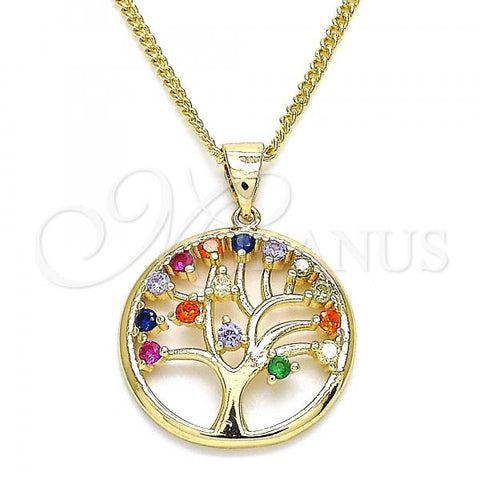Oro Laminado Pendant Necklace, Gold Filled Style Tree Design, with Multicolor Micro Pave, Polished, Golden Finish, 04.156.0312.1.20