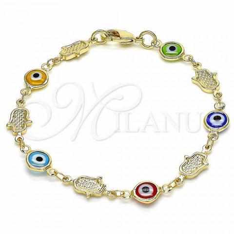 Oro Laminado Fancy Bracelet, Gold Filled Style Evil Eye and Hand of God Design, Multicolor Resin Finish, Golden Finish, 03.326.0007.2.06