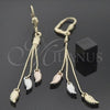 Oro Laminado Long Earring, Gold Filled Style Leaf Design, Diamond Cutting Finish, Tricolor, 5.071.010