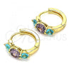 Oro Laminado Huggie Hoop, Gold Filled Style with Aqua Blue and Amethyst Cubic Zirconia, Polished, Golden Finish, 02.210.0490.2.15