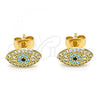 Oro Laminado Stud Earring, Gold Filled Style Evil Eye Design, with Sapphire Blue and Turquoise Micro Pave, Polished, Golden Finish, 02.344.0095