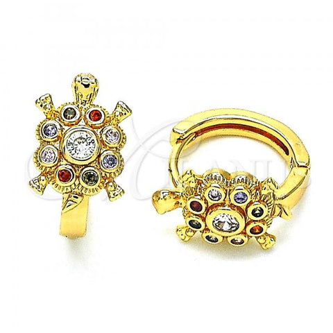 Oro Laminado Huggie Hoop, Gold Filled Style Turtle Design, with Multicolor Cubic Zirconia, Polished, Golden Finish, 02.210.0714.1.15