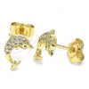 Oro Laminado Stud Earring, Gold Filled Style Dolphin Design, with White Micro Pave, Polished, Golden Finish, 02.344.0064