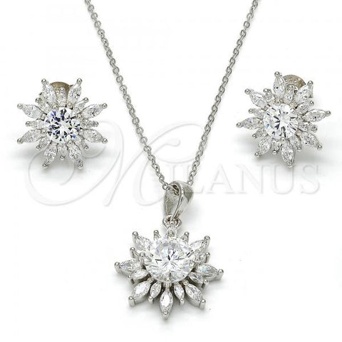 Sterling Silver Earring and Pendant Adult Set, Flower Design, with White Cubic Zirconia, Polished, Rhodium Finish, 10.286.0006