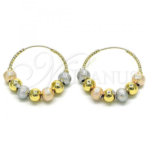 Oro Laminado Medium Hoop, Gold Filled Style Ball Design, Diamond Cutting Finish, Tricolor, 02.170.0413.35