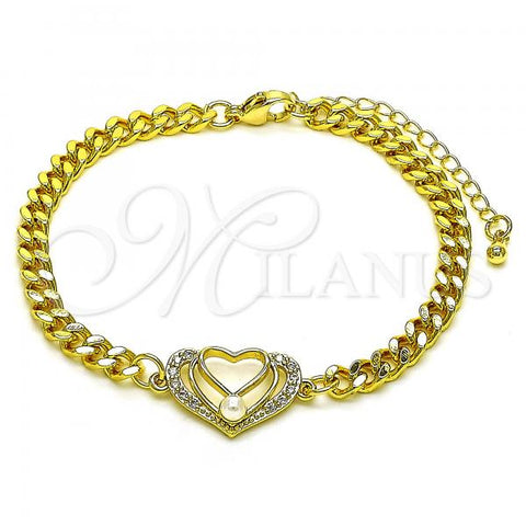 Oro Laminado Fancy Bracelet, Gold Filled Style Heart Design, with Ivory Pearl and White Micro Pave, Polished, Golden Finish, 03.381.0053.07